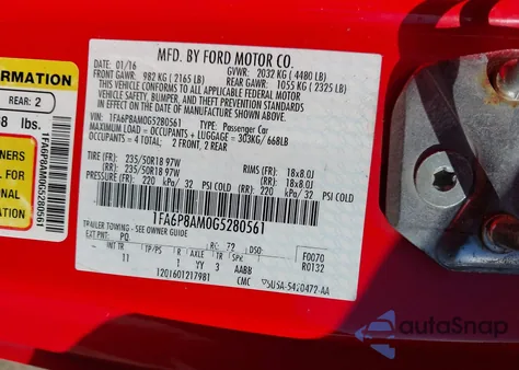 2016 Ford Mustang V6 from USA, damaged, VIN 1FA6P8AM0G5280561